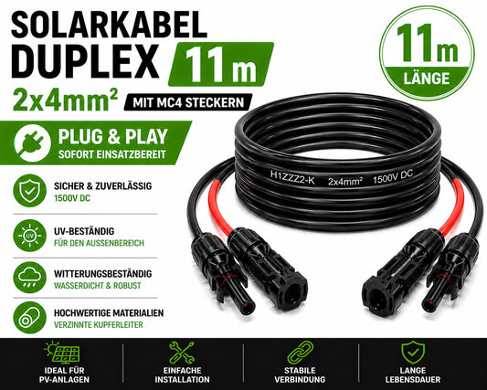 Solarkabel Duplex 11m Set 4mm² H1Z2Z2-K – inkl. MC4 Stecker – TÜV zertifiziert – 1500V 30A – UV- & witterungsbeständig