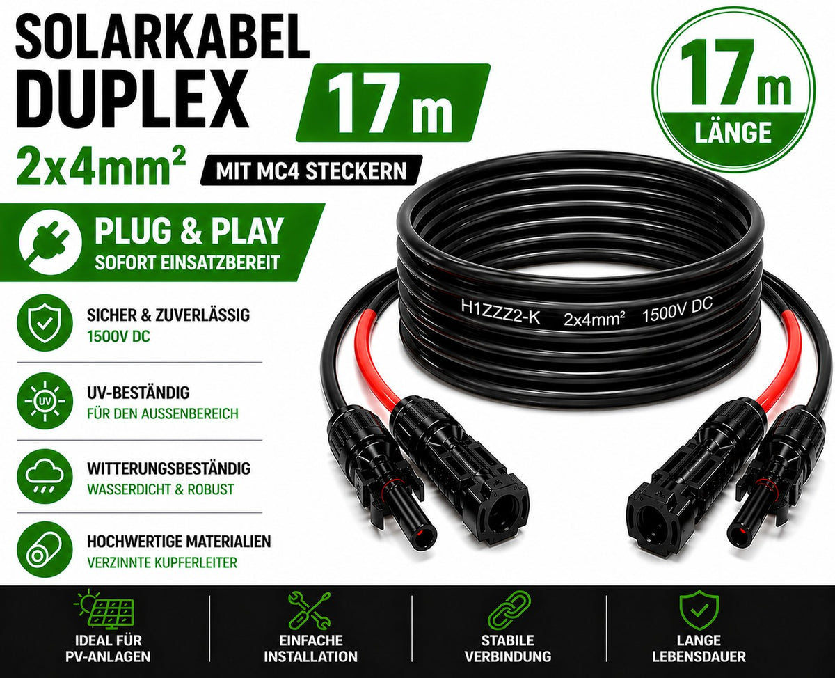 Solarkabel Duplex 17m Set 4mm2 H1Z2Z2-K – inkl. MC4 Stecker – TÜV zertifiziert – 1500V 30A – UV- & witterungsbeständig
