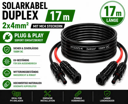 Solarkabel Duplex 17m Set 4mm2 H1Z2Z2-K – inkl. MC4 Stecker – TÜV zertifiziert – 1500V 30A – UV- & witterungsbeständig
