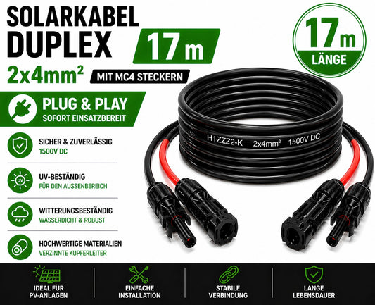Solarkabel Duplex 17m Set 4mm2 H1Z2Z2-K – inkl. MC4 Stecker – TÜV zertifiziert – 1500V 30A – UV- & witterungsbeständig