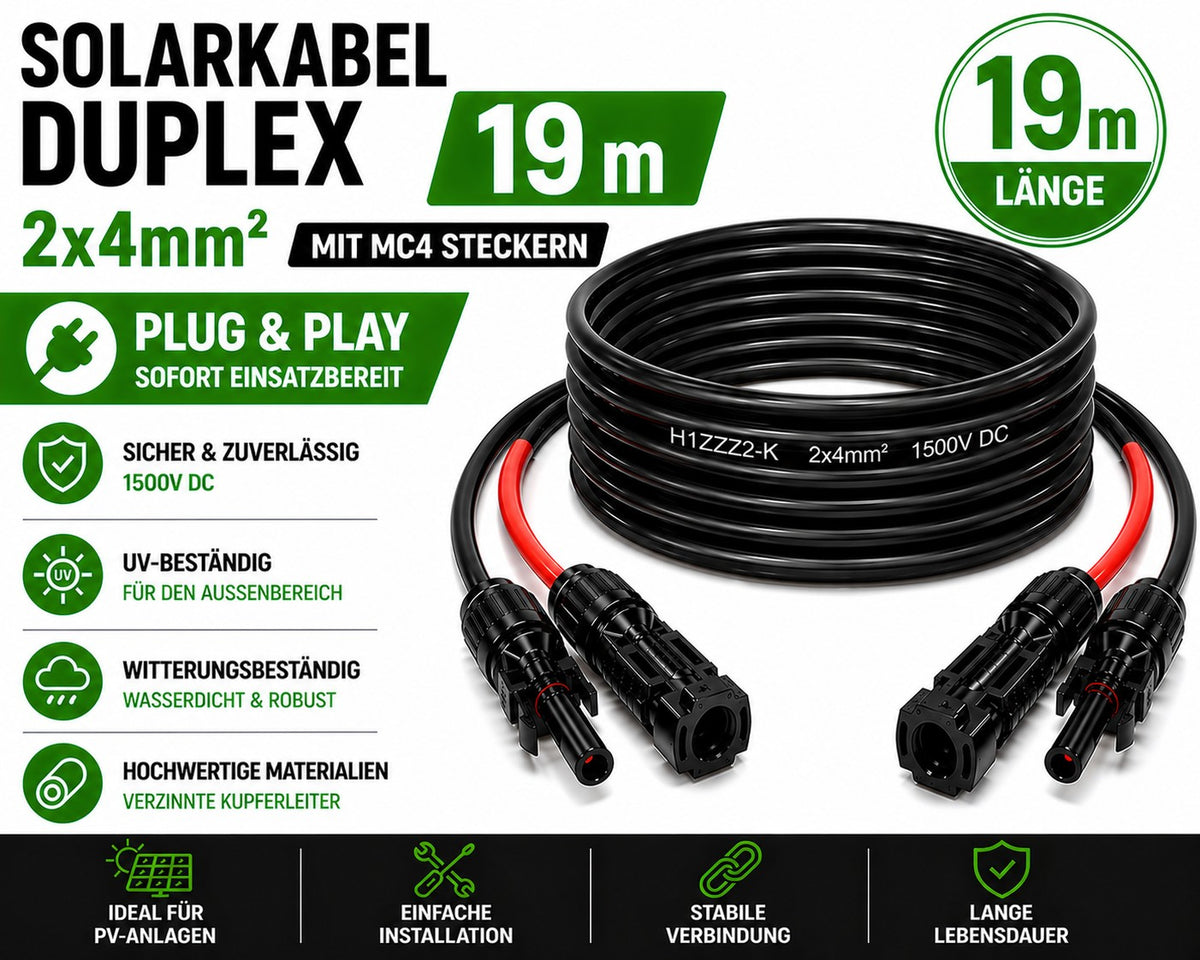 Solarkabel Duplex 19m Set 4mm2 H1Z2Z2-K – inkl. MC4 Stecker – TÜV zertifiziert – 1500V 30A – UV- & witterungsbeständig