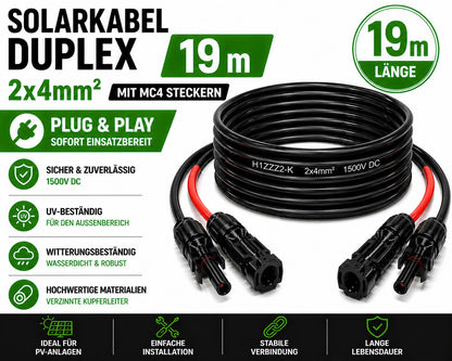 Solarkabel Duplex 19m Set 4mm2 H1Z2Z2-K – inkl. MC4 Stecker – TÜV zertifiziert – 1500V 30A – UV- & witterungsbeständig