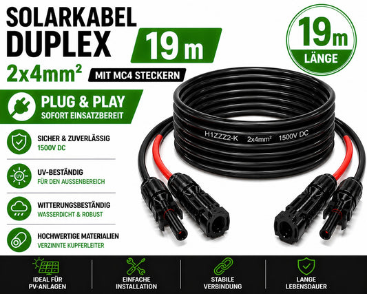 Solarkabel Duplex 19m Set 4mm2 H1Z2Z2-K – inkl. MC4 Stecker – TÜV zertifiziert – 1500V 30A – UV- & witterungsbeständig