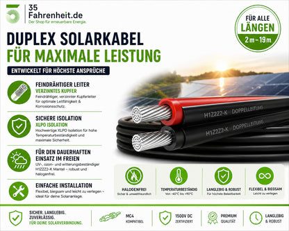 Solarkabel Duplex 17m Set 4mm2 H1Z2Z2-K – inkl. MC4 Stecker – TÜV zertifiziert – 1500V 30A – UV- & witterungsbeständig