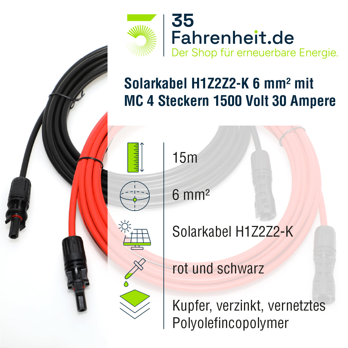 Solarkabel Set 2x15 m, H1Z2Z2-K Rot und Schwarz mit MC-4 Stecker