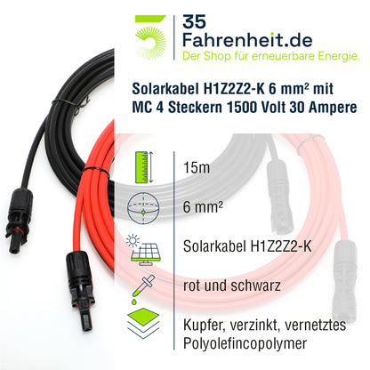 Solarkabel Set 2x15 m, H1Z2Z2-K Rot und Schwarz mit MC-4 Stecker