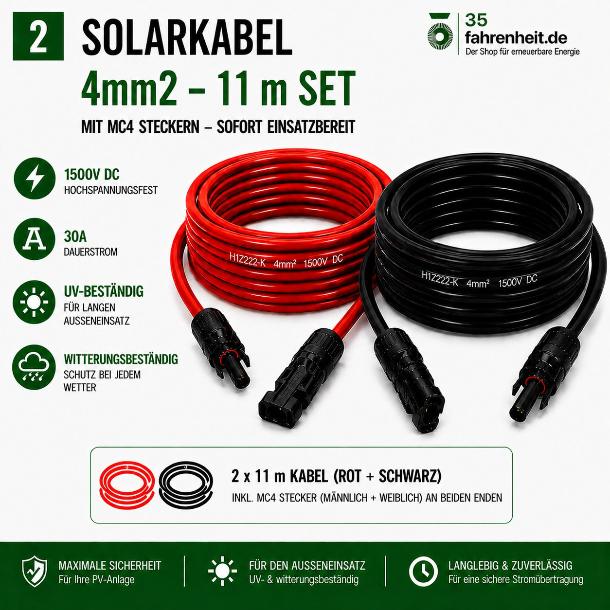 Solarkabel  4mm2  PV Kabel 4mm2 2x11m Verlängerungskabel 4mm2 inkl. MC4 Stecker