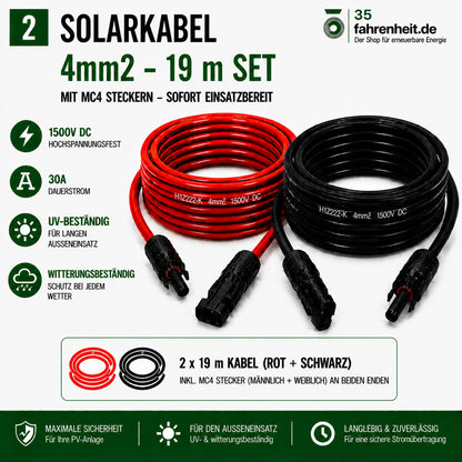 Solarkabel 4mm2   2x19m Verlängerungskabel H1Z2Z2-K inkl. Solarstecker