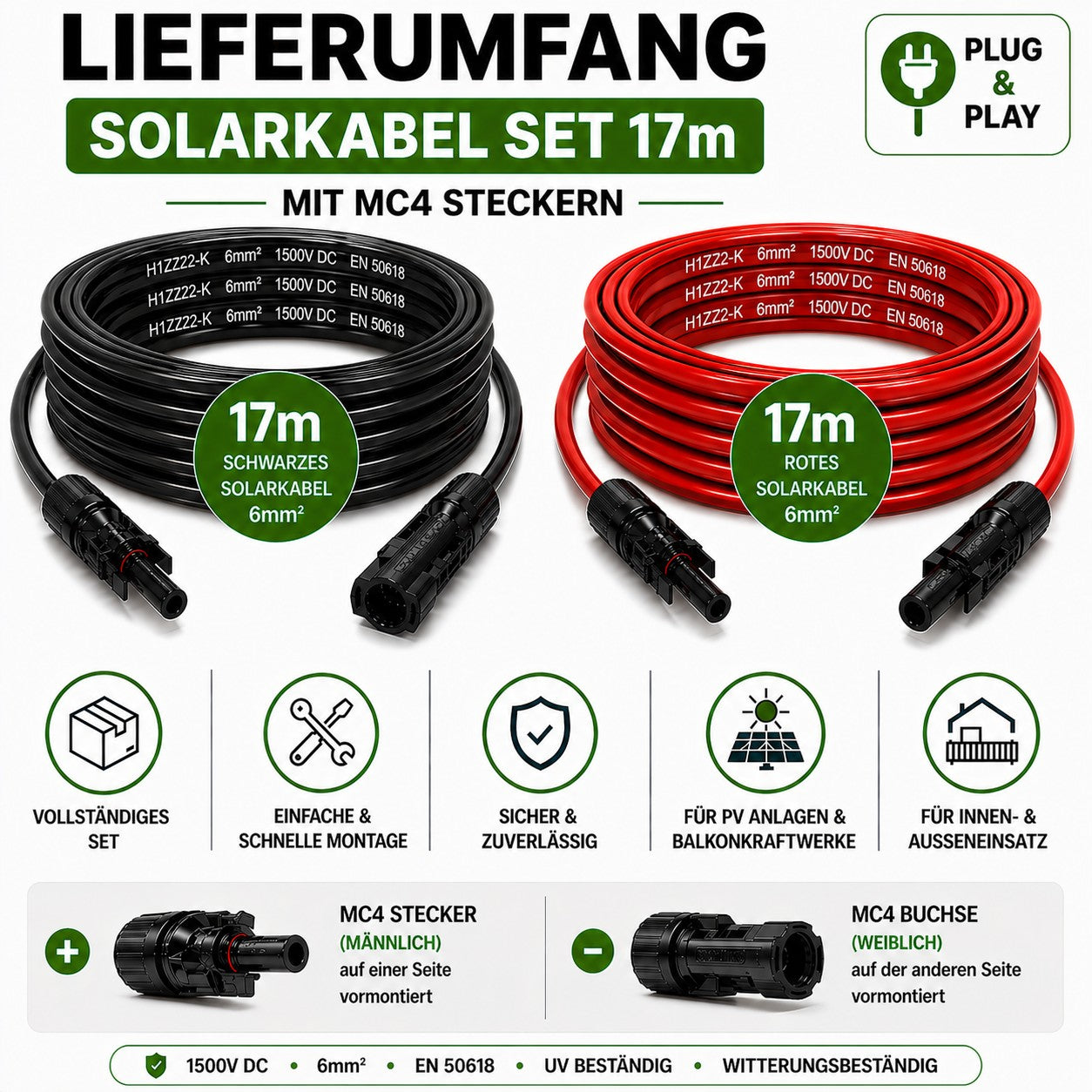 Solarkabel  6mm2  2x17m mit MC4 Stecker Verlängerungskabel 6mm2, Solarleitung 6mm2
