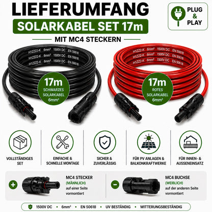 Solarkabel  6mm2  2x17m mit MC4 Stecker Verlängerungskabel 6mm2, Solarleitung 6mm2