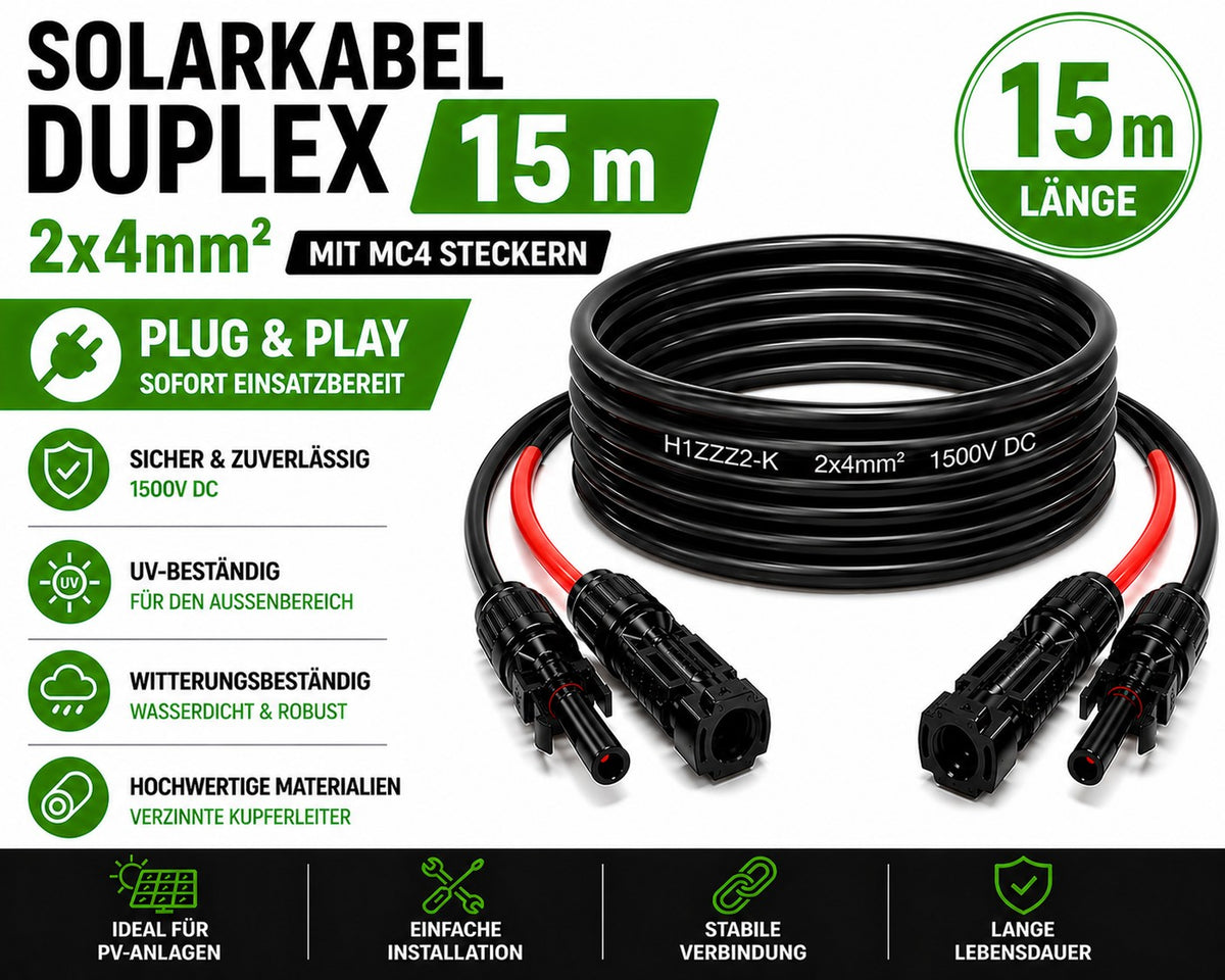Solarkabel Duplex 15m Set 4mm2 H1Z2Z2-K – inkl. MC4 Stecker – TÜV zertifiziert – 1500V 30A