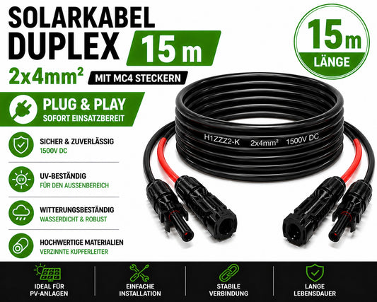Solarkabel Duplex 15m Set 4mm2 H1Z2Z2-K – inkl. MC4 Stecker – TÜV zertifiziert – 1500V 30A