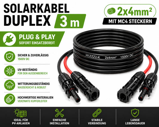 Solarkabel 4mm² Duplexkabel 4 mm2  3 Meter inkl. MC4 Stecker PV Kabel 4mm2 Duplex
