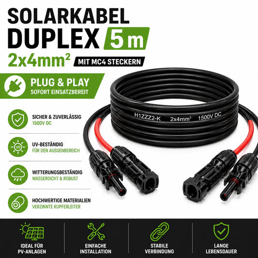Solarkabel Duplex 5m Set 4mm2 H1Z2Z2-K – inkl. MC4 Stecker – TÜV zertifiziert – 1500V 30A – UV- & witterungsbeständig