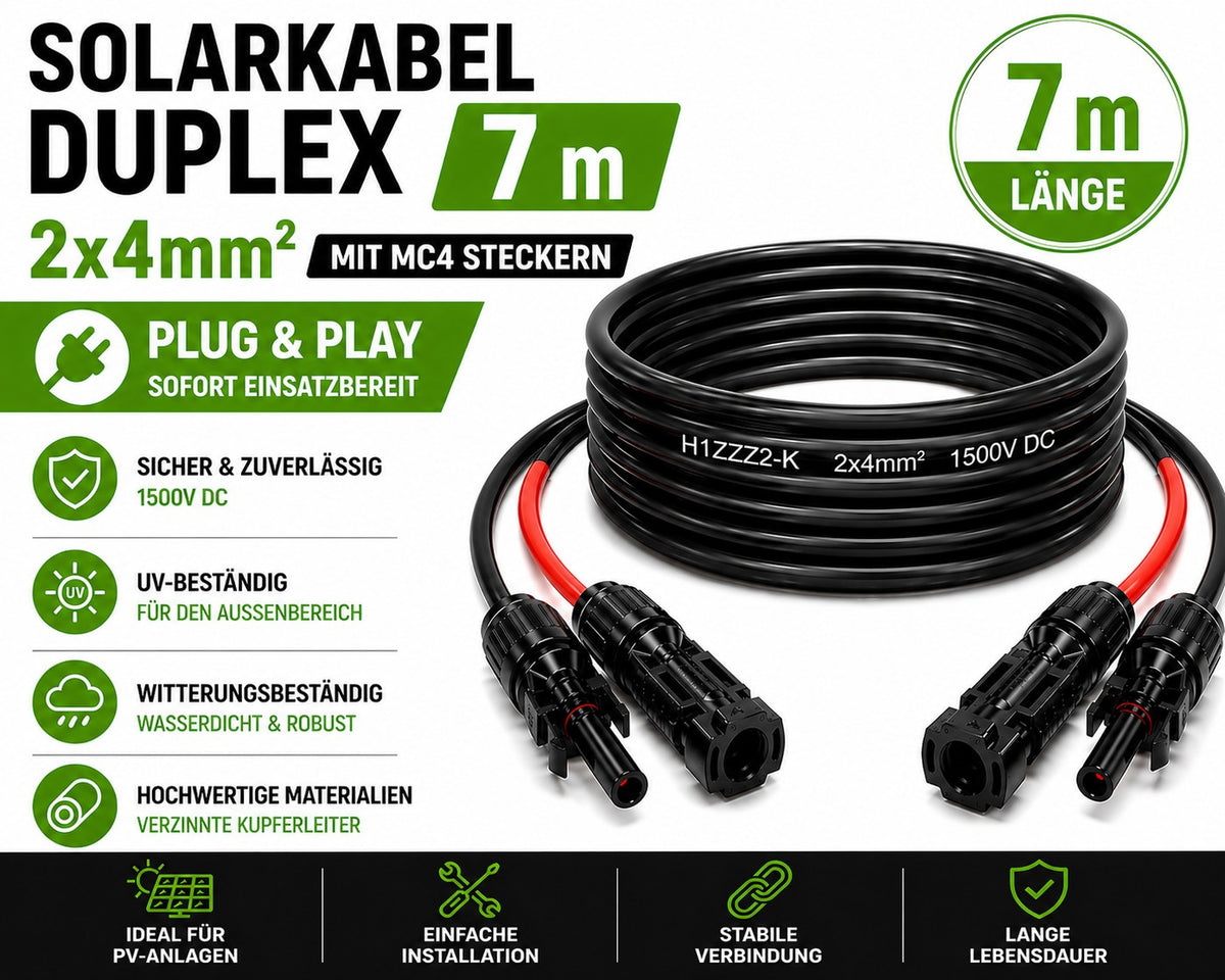 Solarkabel Duplex 7m Set 4mm2 H1Z2Z2-K – inkl. MC4 Stecker – TÜV zertifiziert – 1500V 30A – UV- & witterungsbeständig