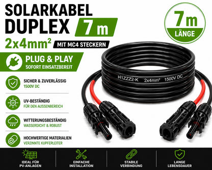 Solarkabel Duplex 7m Set 4mm2 H1Z2Z2-K – inkl. MC4 Stecker – TÜV zertifiziert – 1500V 30A – UV- & witterungsbeständig