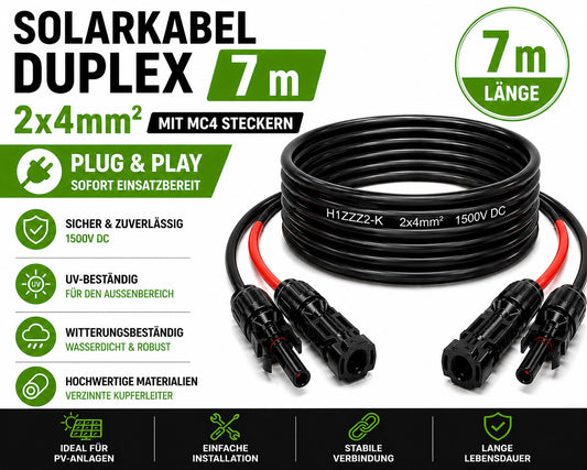 Solarkabel Duplex 7m Set 4mm2 H1Z2Z2-K – inkl. MC4 Stecker – TÜV zertifiziert – 1500V 30A – UV- & witterungsbeständig