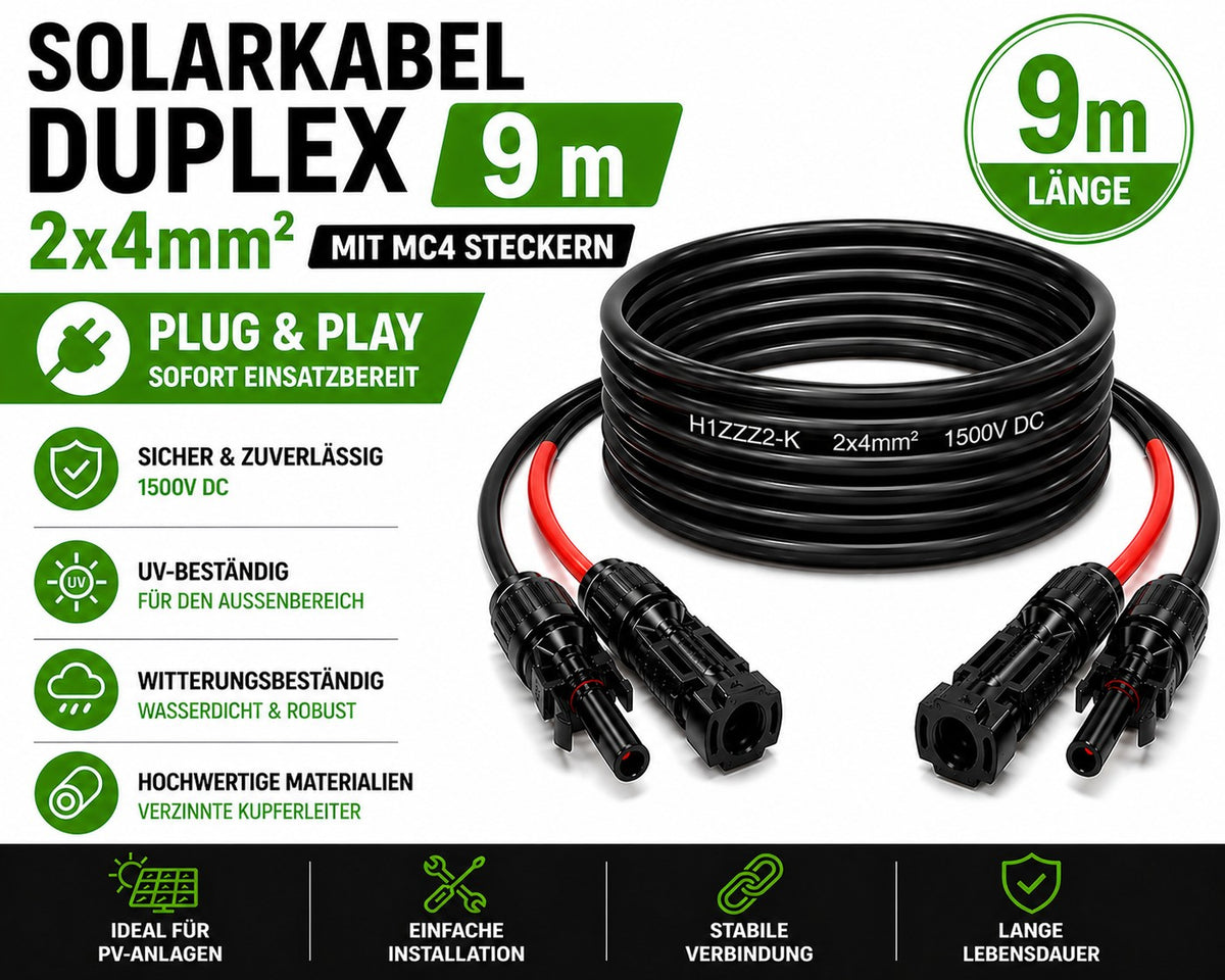 Solarkabel Duplex 9m Set 4mm² H1Z2Z2-K – inkl. MC4 Stecker – TÜV zertifiziert – 1500V 30A – UV- & witterungsbeständig