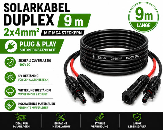 Solarkabel Duplex 9m Set 4mm² H1Z2Z2-K – inkl. MC4 Stecker – TÜV zertifiziert – 1500V 30A – UV- & witterungsbeständig