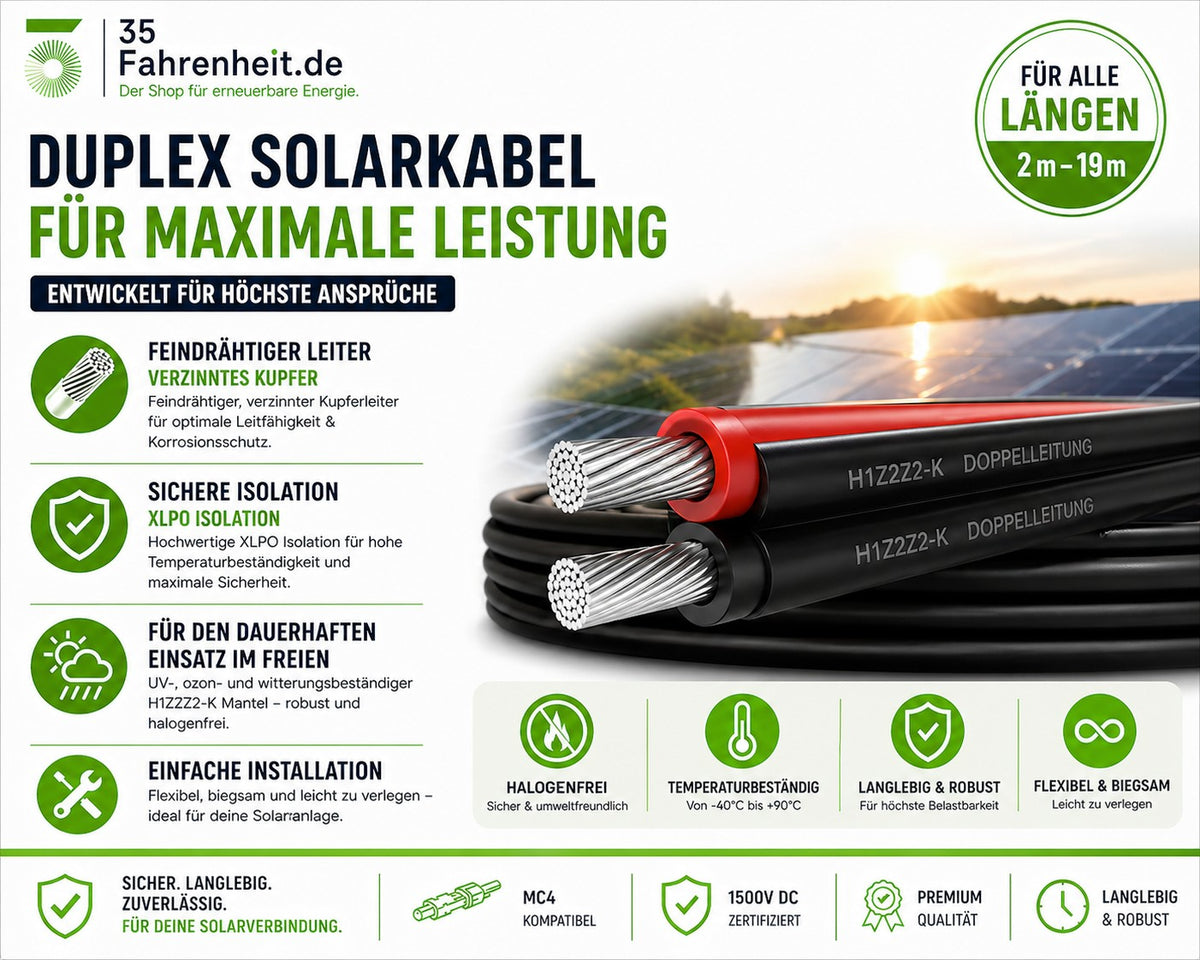 Solarkabel Duplex 13m Set 4mm2 H1Z2Z2-K – inkl. MC4 Stecker – TÜV zertifiziert – 1500V 30A – UV- & witterungsbeständig