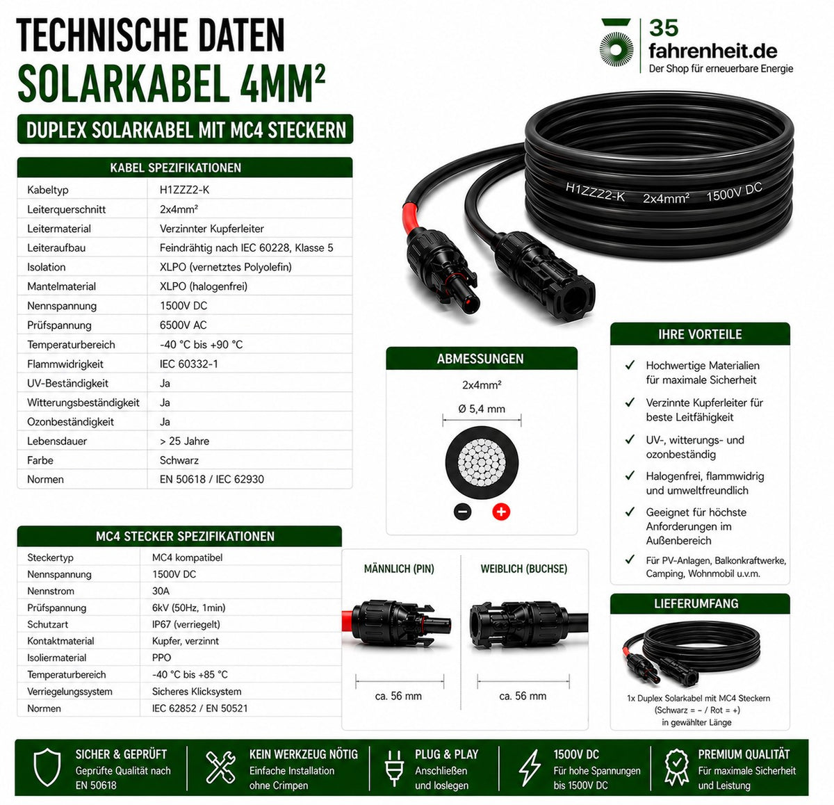 Solarkabel Duplex 9m Set 4mm² H1Z2Z2-K – inkl. MC4 Stecker – TÜV zertifiziert – 1500V 30A – UV- & witterungsbeständig