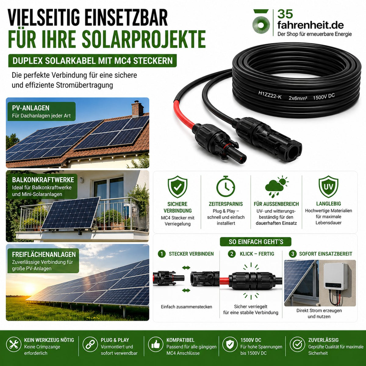Solarkabel Duplex 9m Set 6mm² H1Z2Z2-K – inkl. MC4 Stecker – TÜV zertifiziert – 1500V 30A – UV- & witterungsbeständig