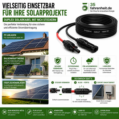 Solarkabel Duplex 9m Set 6mm² H1Z2Z2-K – inkl. MC4 Stecker – TÜV zertifiziert – 1500V 30A – UV- & witterungsbeständig