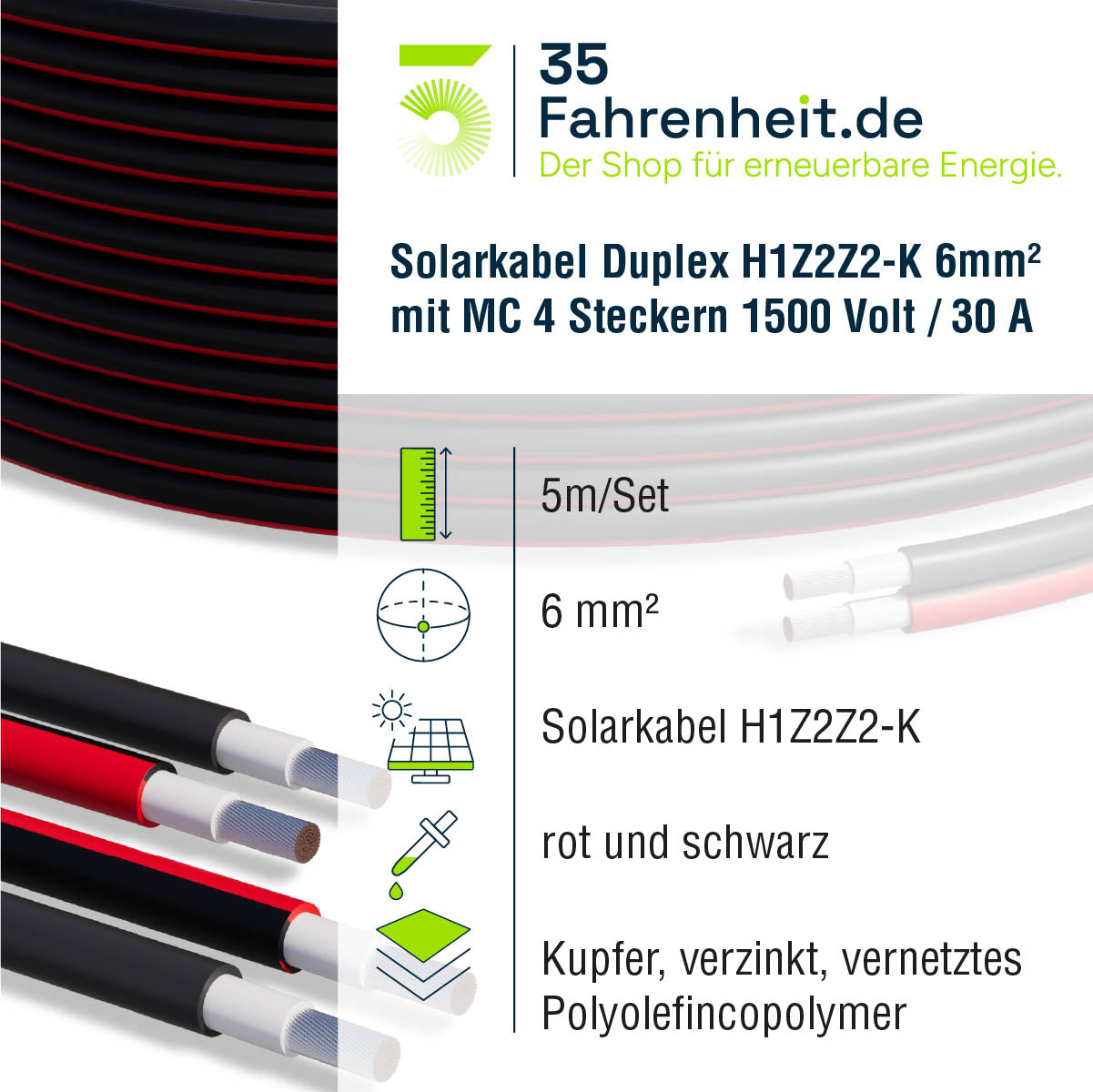 Solarkabel Duplex 5m Set 6mm² H1Z2Z2-K – inkl. MC4 Stecker – TÜV zertifiziert – 1500V 30A – UV- & witterungsbeständig