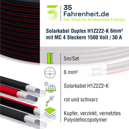 Solarkabel Duplex 5m Set 6mm² H1Z2Z2-K – inkl. MC4 Stecker – TÜV zertifiziert – 1500V 30A – UV- & witterungsbeständig