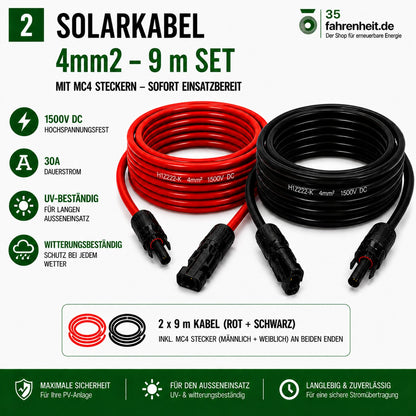 Solarkabel  H1Z2Z2-K 4mm2 | 2x9m Verlängerungskabel inkl. Solarstecker