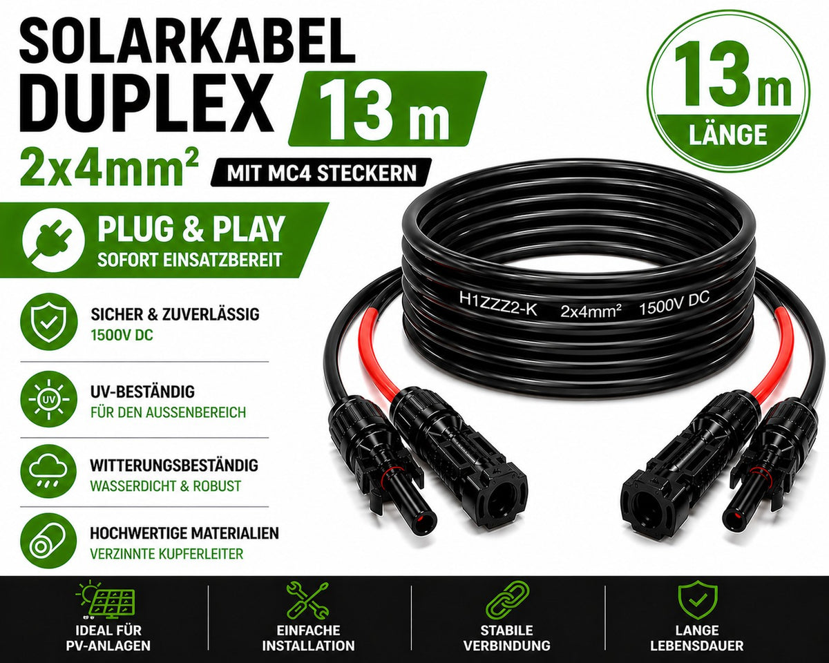 Solarkabel Duplex 13m Set 4mm2 H1Z2Z2-K – inkl. MC4 Stecker – TÜV zertifiziert – 1500V 30A – UV- & witterungsbeständig