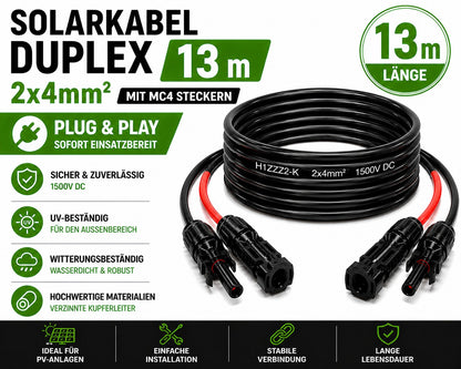 Solarkabel Duplex 13m Set 4mm2 H1Z2Z2-K – inkl. MC4 Stecker – TÜV zertifiziert – 1500V 30A – UV- & witterungsbeständig